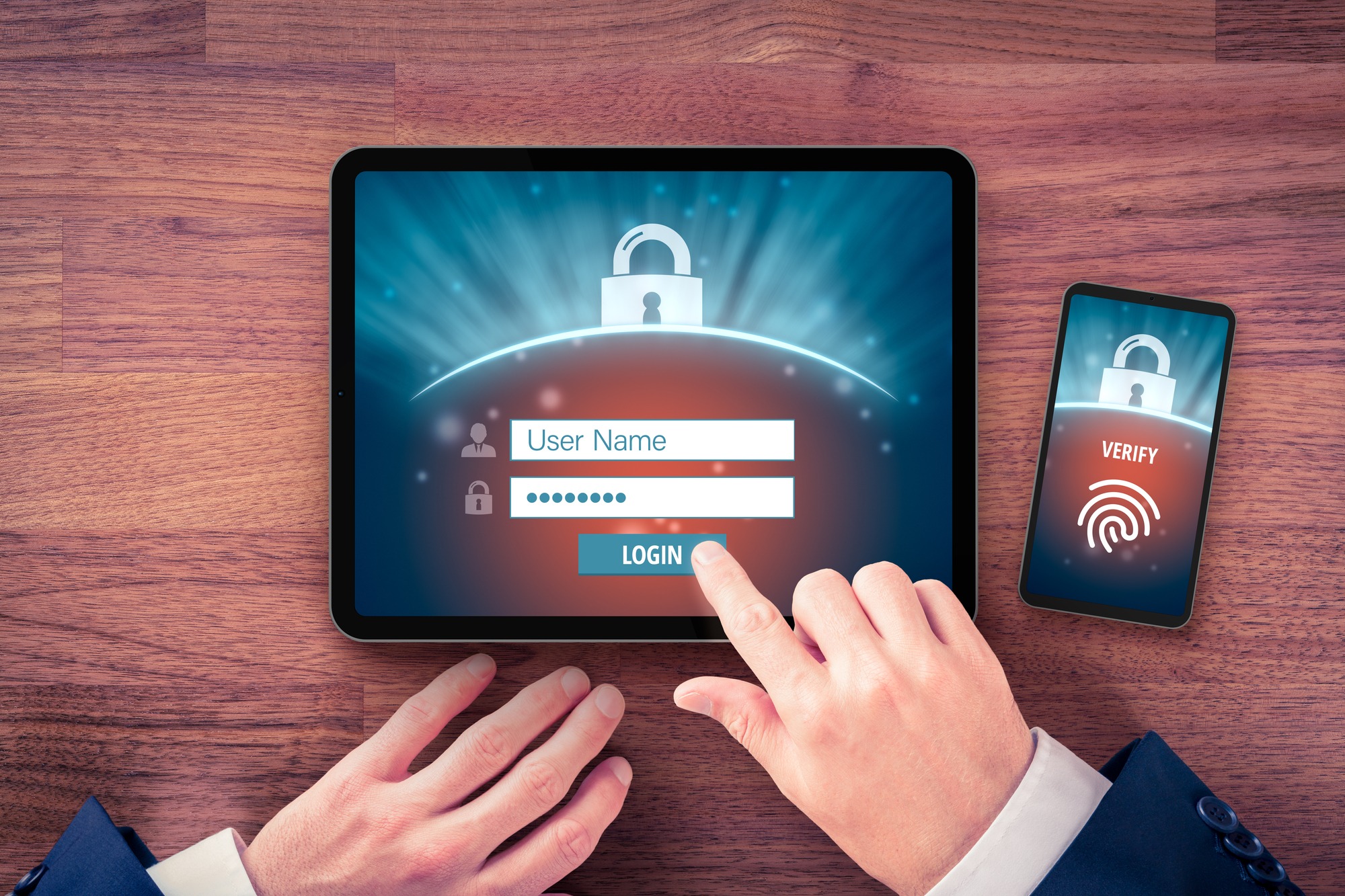 Two-Factor Authentication (2FA) and Fingerprint Touch Identification Security Concept. User With Digital Tablet and Smart Phone and Two-Factor Authentication Security Process, Flatlay Design.